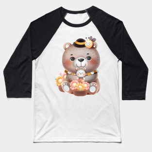 Cute Cartoon Bear with Flowers, Bunny and Bee Illustration Baseball T-Shirt